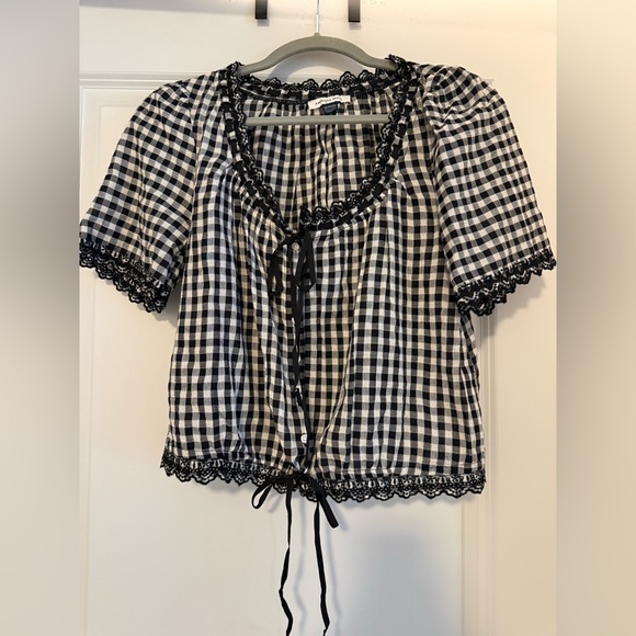 American Eagle Outfitters Tops - American Eagle Outfitters Black and White Gingham Lace-Trim Crop Top
